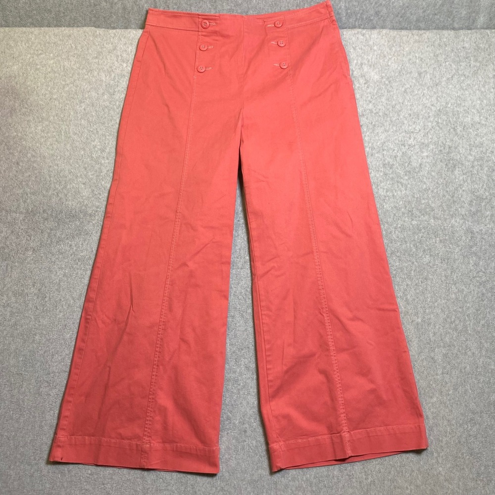 Loft Sailor Pants Womens Sz 14 Coral Pink High Rise Wide Leg Cotton EUC Nautical